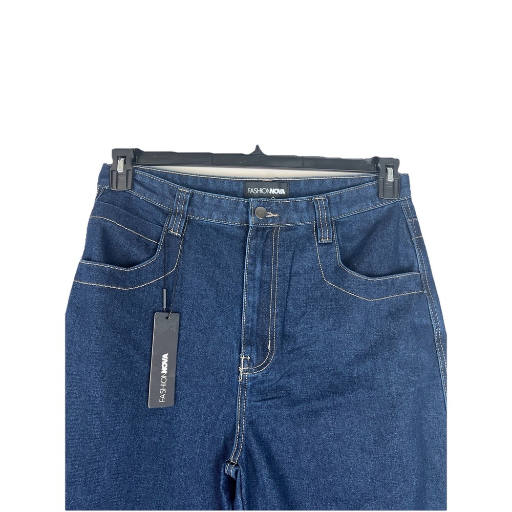 Fashion Nova High Rise Women Size 15 Dark Wash Wide Leg Jeans Raw Hem NWT